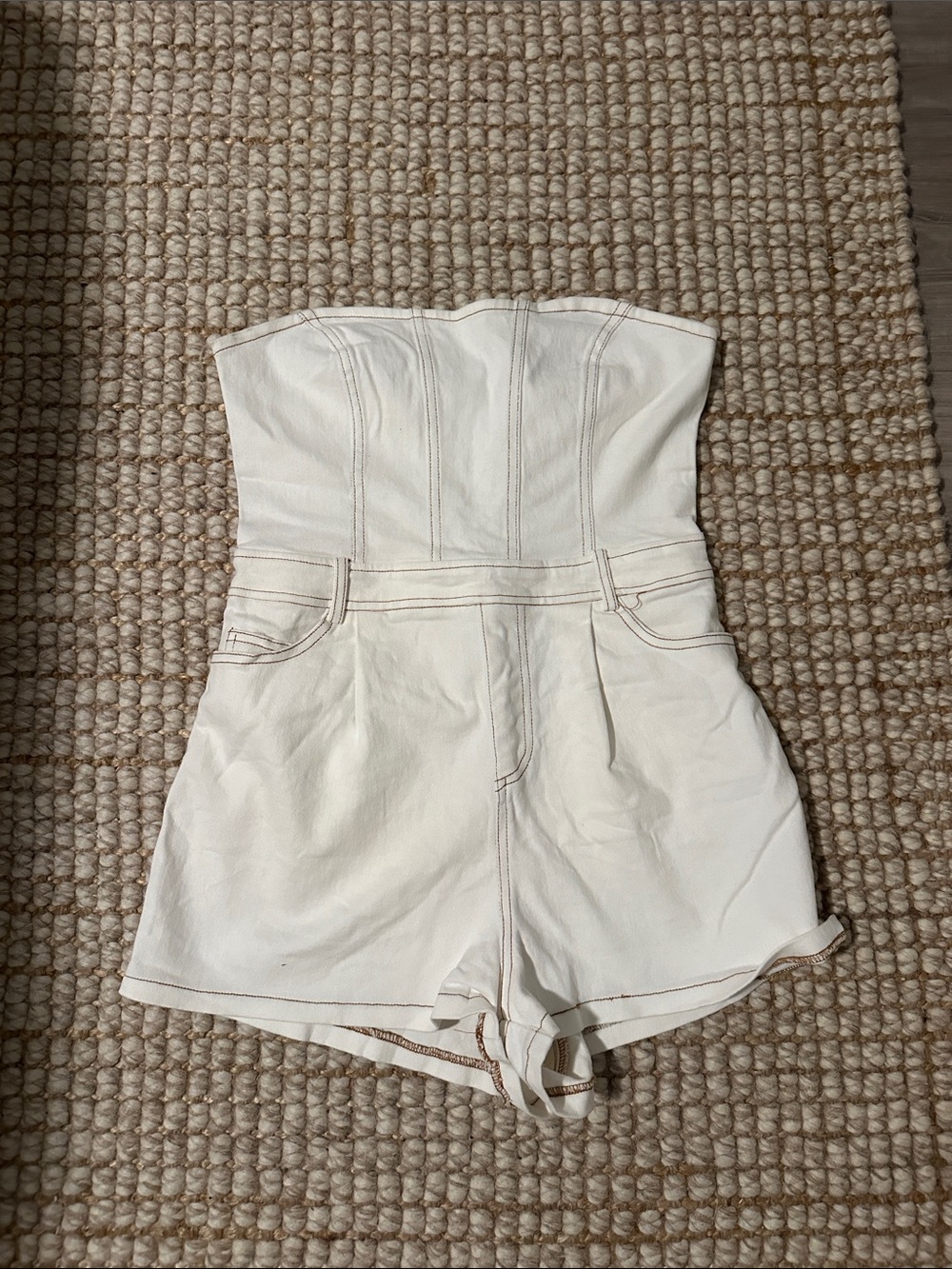 Le Lis Cream Strapless Denim-Style Romper